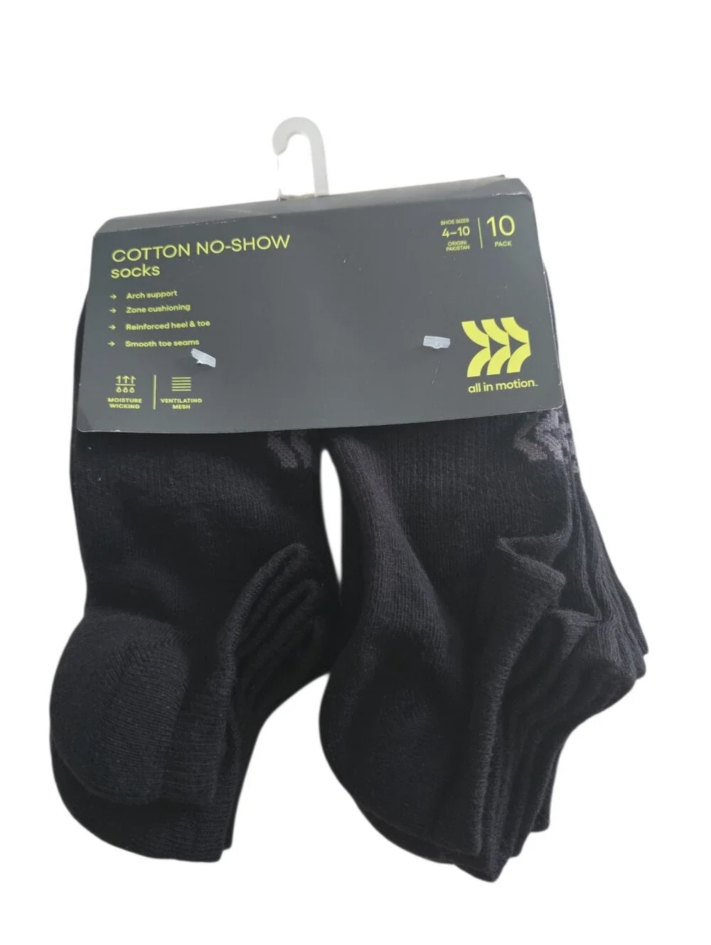 All in Motion Women's No Show Socks 10 Pack Black Size 4-10 Cotton NWT